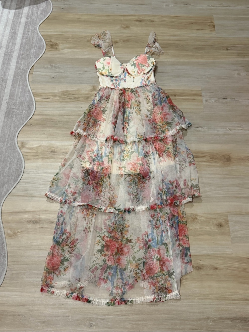 Vici Cream Floral Tiered High-Low Dress with Pink and Blue Blooms